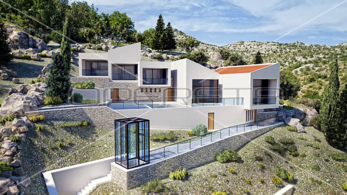 Terreno con progetto di villa di lusso dal design moderno in prima fila sul mare, Starigrad Paklenica, 450m2