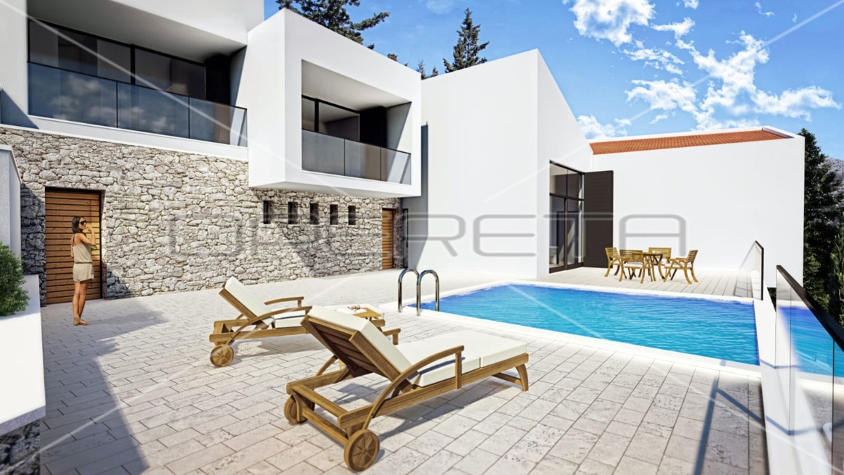 Terreno con progetto di villa di lusso dal design moderno in prima fila sul mare, Starigrad Paklenica, 450m2