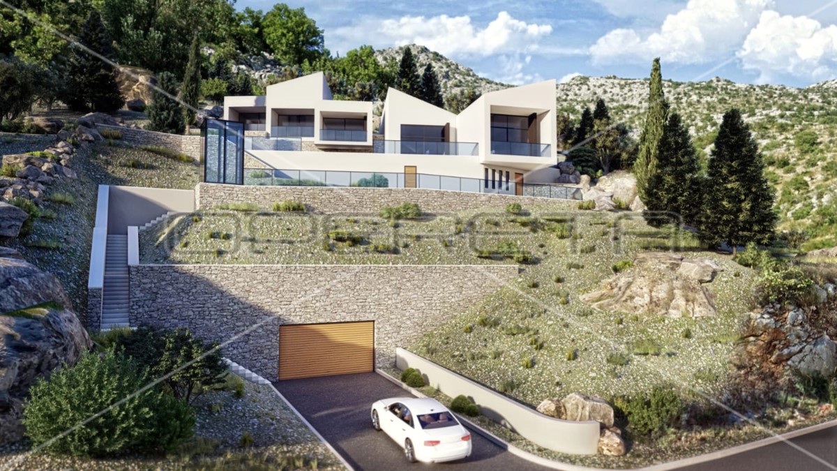 Terreno con progetto di villa di lusso dal design moderno in prima fila sul mare, Starigrad Paklenica, 450m2