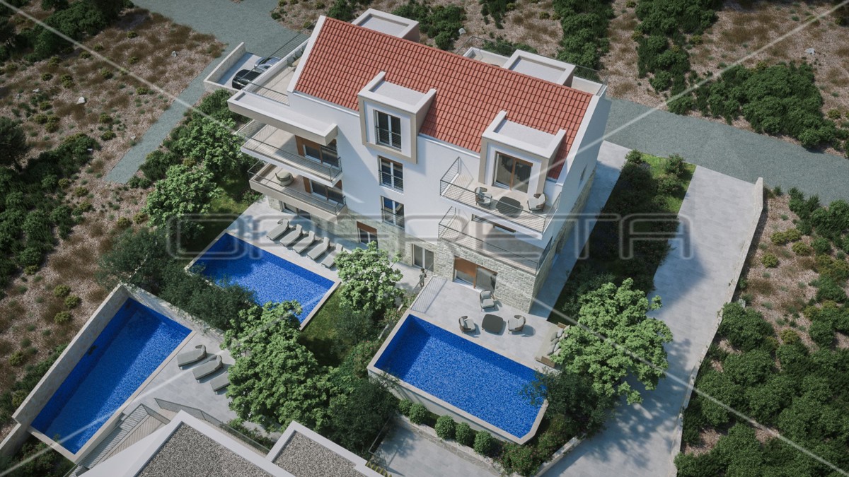 Nuova costruzione a Stivašnica, appartamento con tre terrazze e vista mare, 146 m2