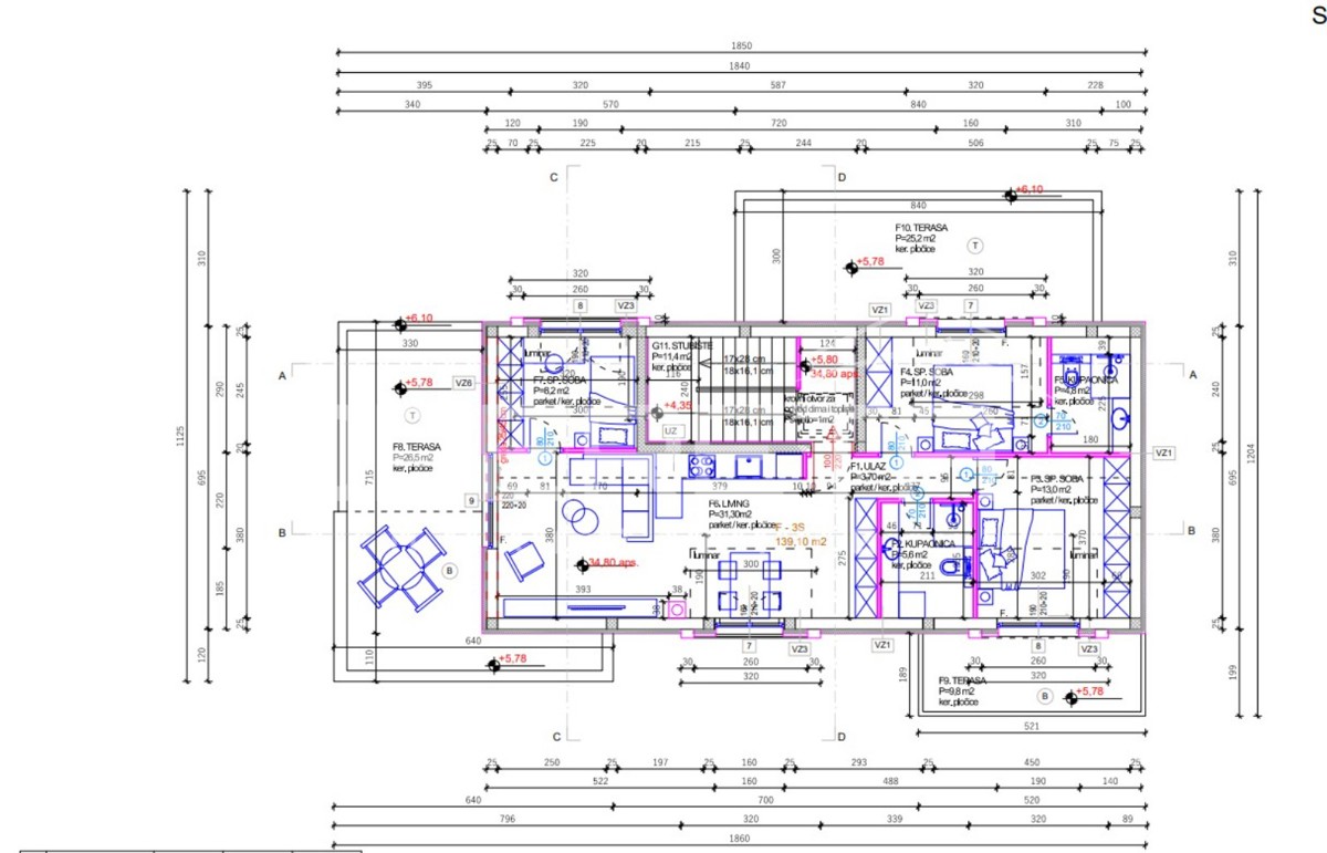 Nuova costruzione a Stivašnica, appartamento con tre terrazze e vista mare, 146 m2