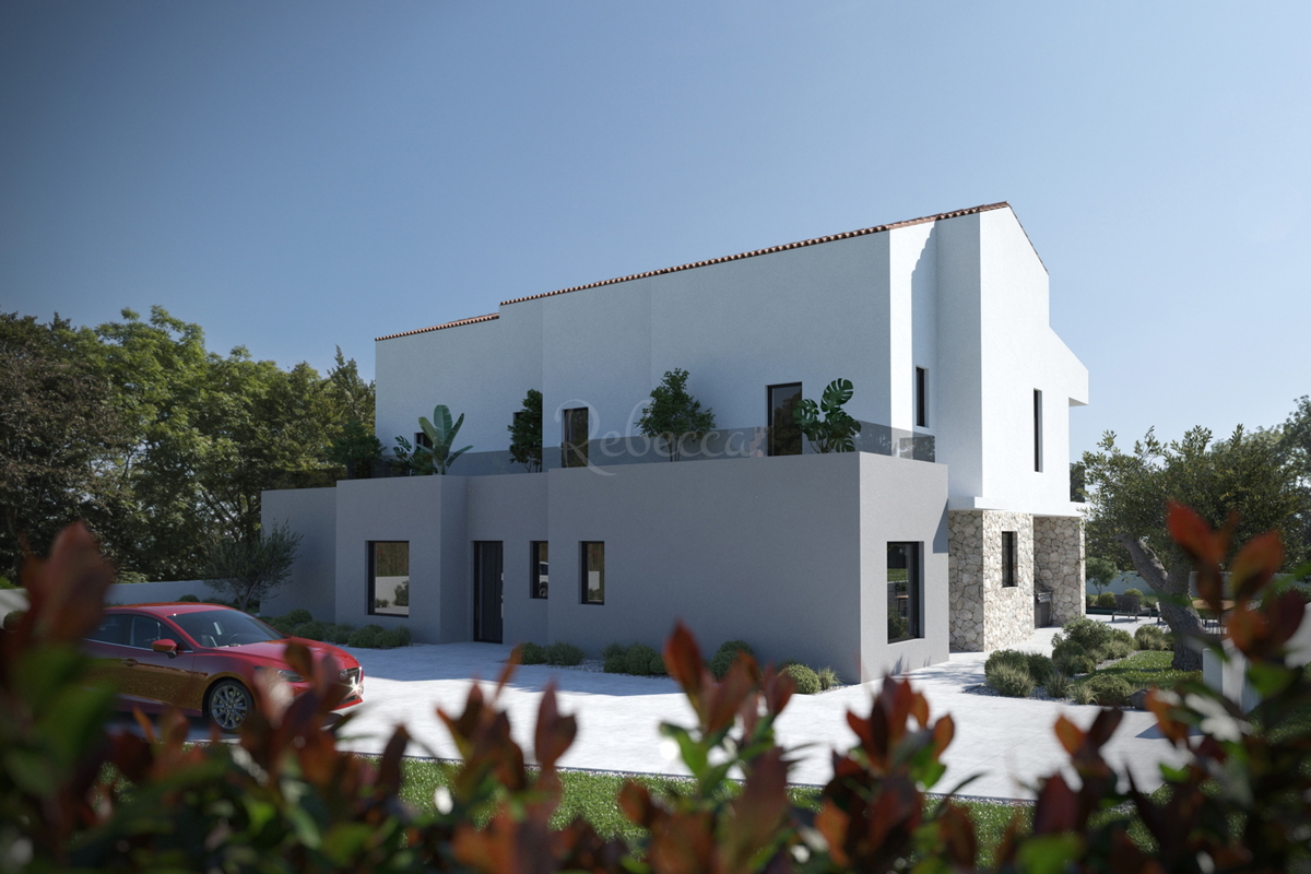 Peruški, terreno edificabile con permesso di costruzione per tre case di fila, vista mare