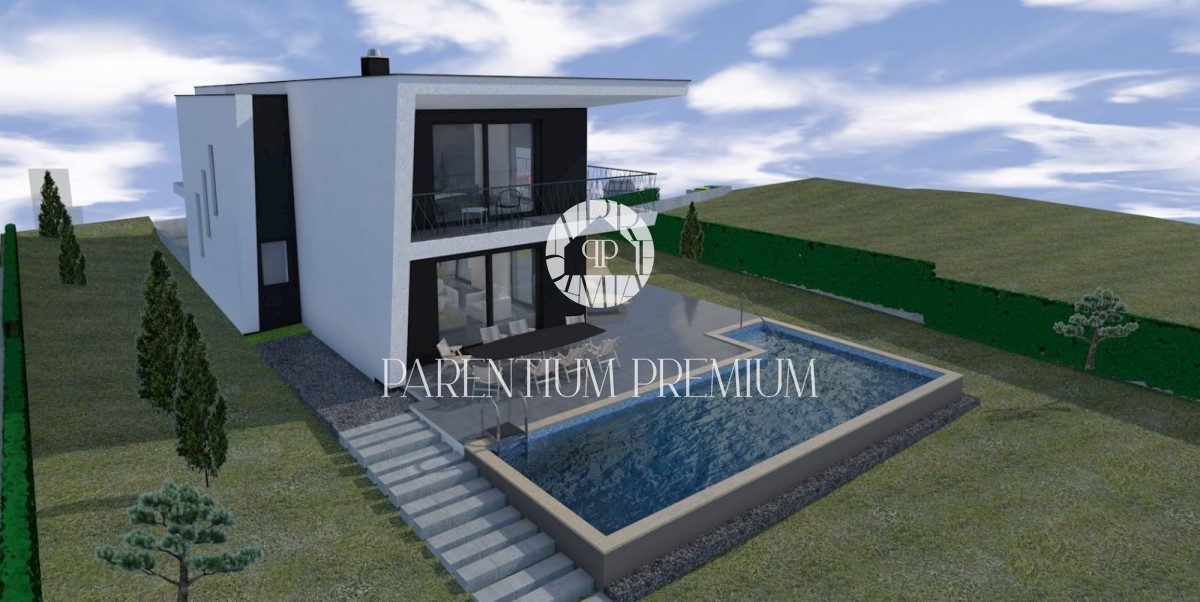 Una villa moderna con piscina e un ampio giardino
