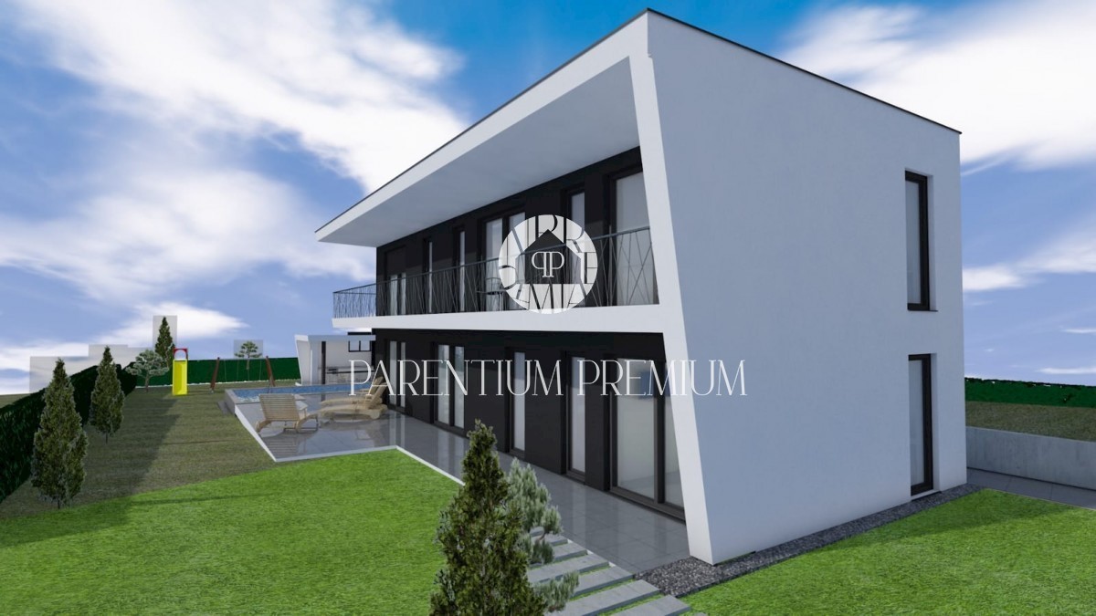 Una villa moderna con piscina e un ampio giardino
