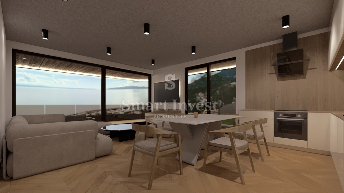 IČIĆI, appartamento trilocale con giardino e vista mare in un nuovo edificio con garage
