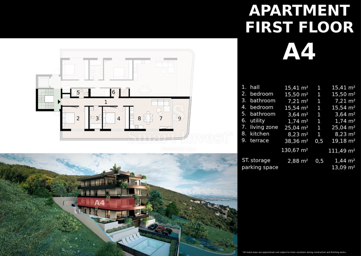 IČIĆI, appartamento trilocale con giardino e vista mare in un nuovo edificio con garage