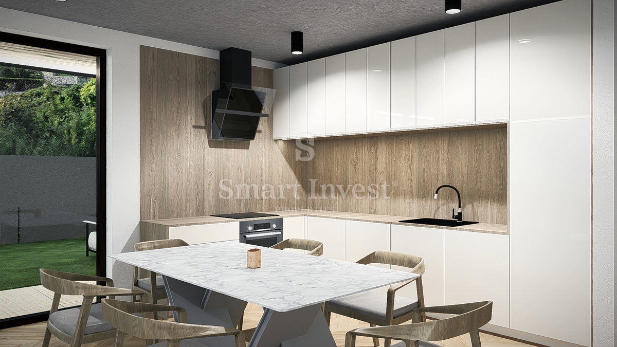 IČIĆI, appartamento trilocale con giardino e vista mare in un nuovo edificio con garage