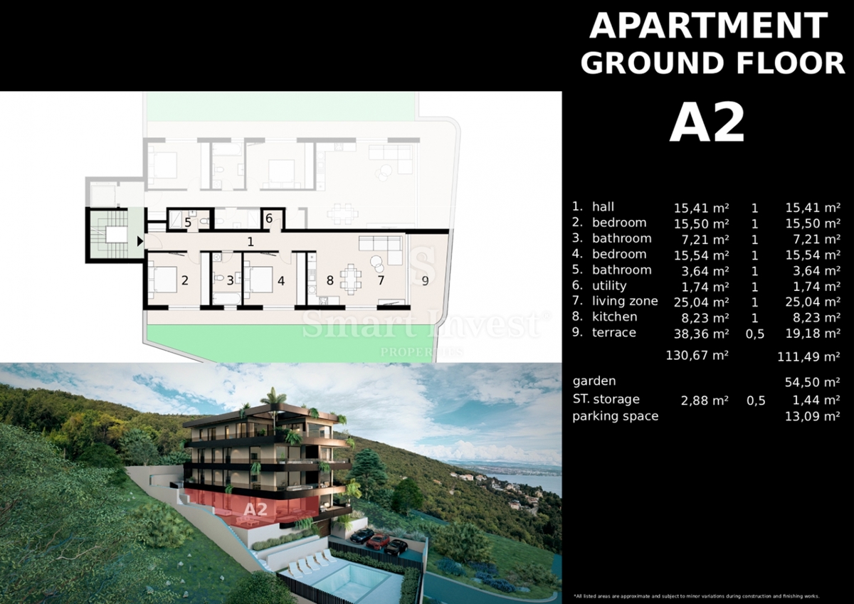 IČIĆI, appartamento trilocale con giardino e vista mare in un nuovo edificio con garage