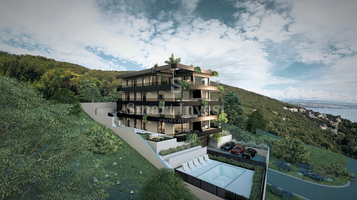 IČIĆI, appartamento trilocale con giardino e vista mare in un nuovo edificio con garage