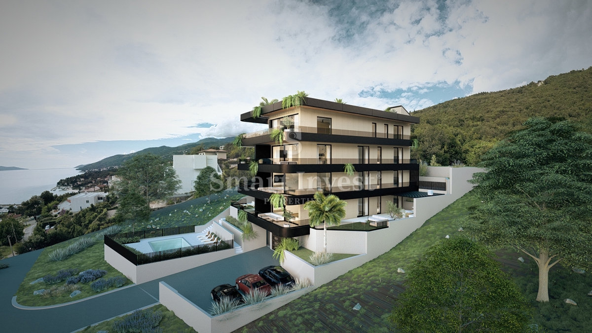 IČIĆI, appartamento trilocale con giardino e vista mare in un nuovo edificio con garage