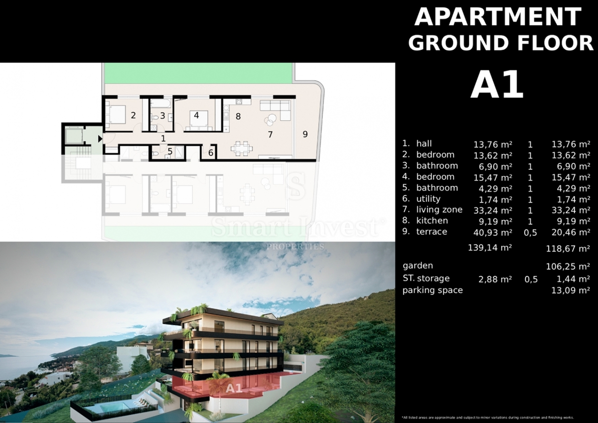 IČIĆI, appartamento trilocale con giardino e vista mare in un nuovo edificio con garage