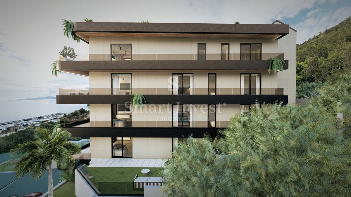 IČIĆI, appartamento trilocale con giardino e vista mare in un nuovo edificio con garage