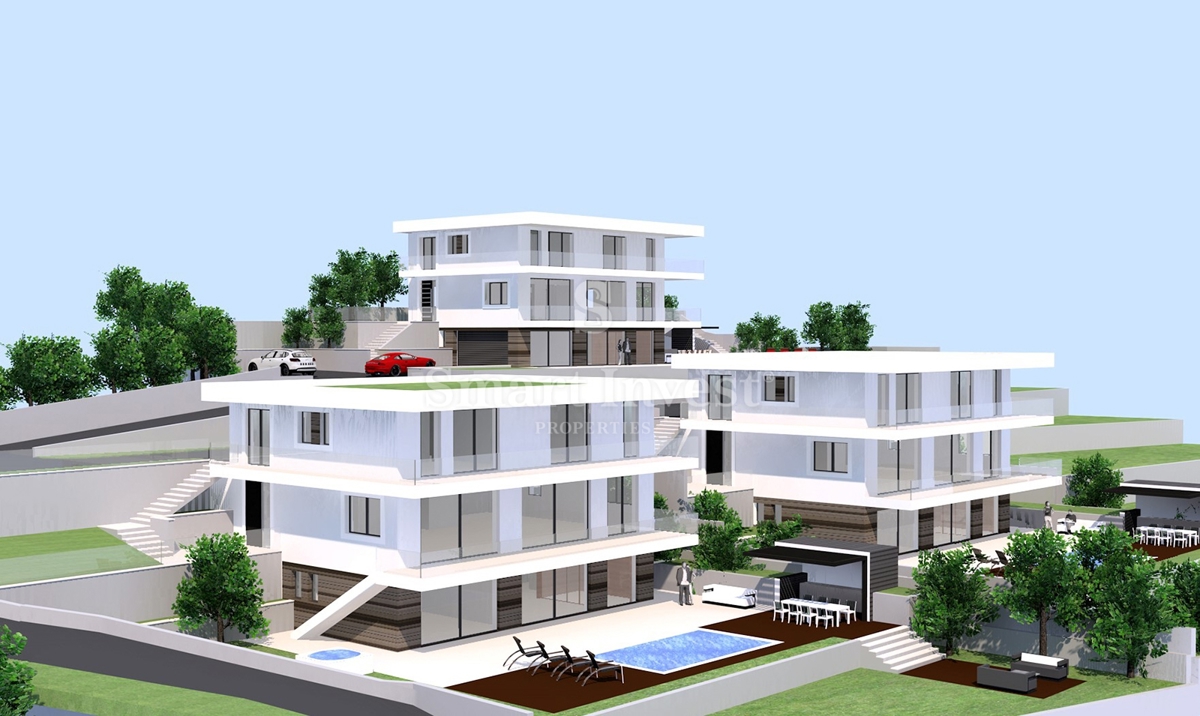 IČIĆI - POLJANE, terreno con permesso di costruzione per 3 ville con piscina