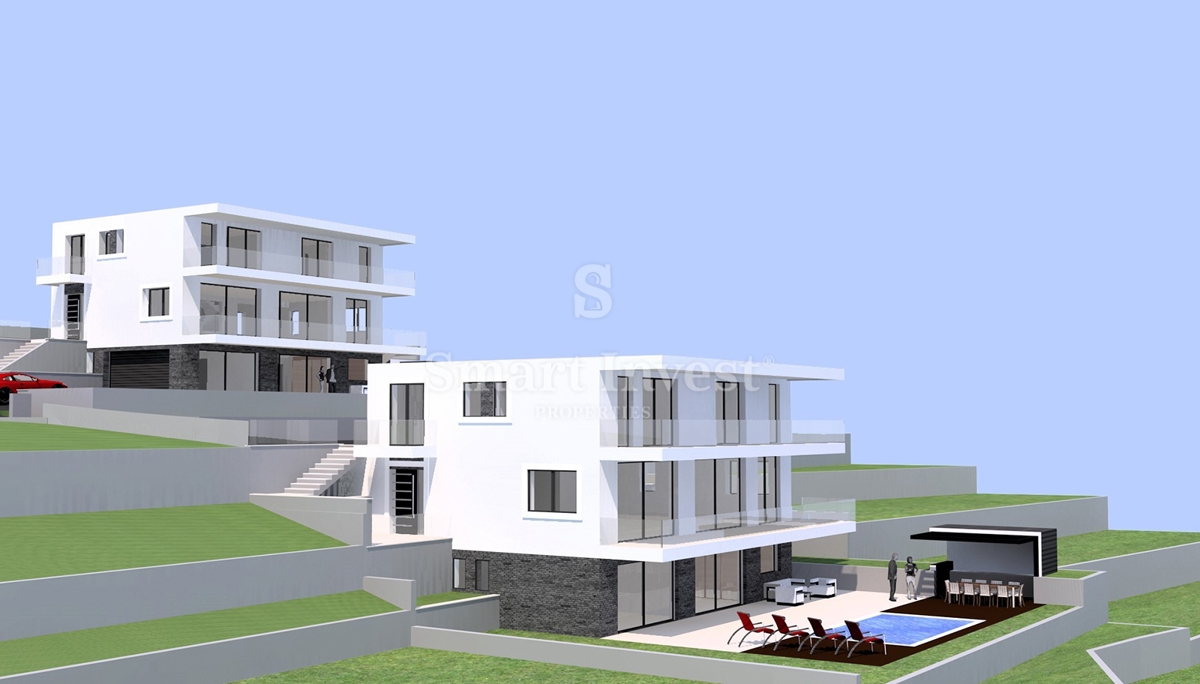 IČIĆI - POLJANE, terreno con permesso di costruzione per 3 ville con piscina
