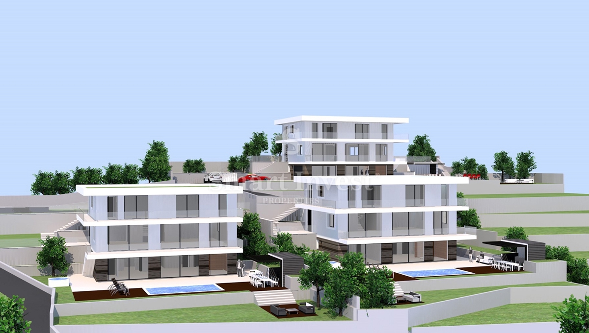 IČIĆI - POLJANE, terreno con permesso di costruzione per 3 ville con piscina