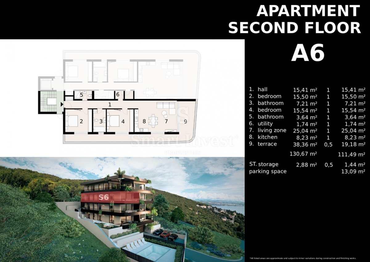 IČIĆI, appartamento trilocale con giardino e vista mare in un nuovo edificio con garage