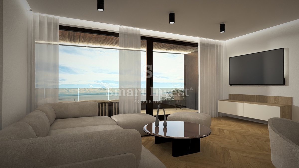 IČIĆI, appartamento trilocale con giardino e vista mare in un nuovo edificio con garage