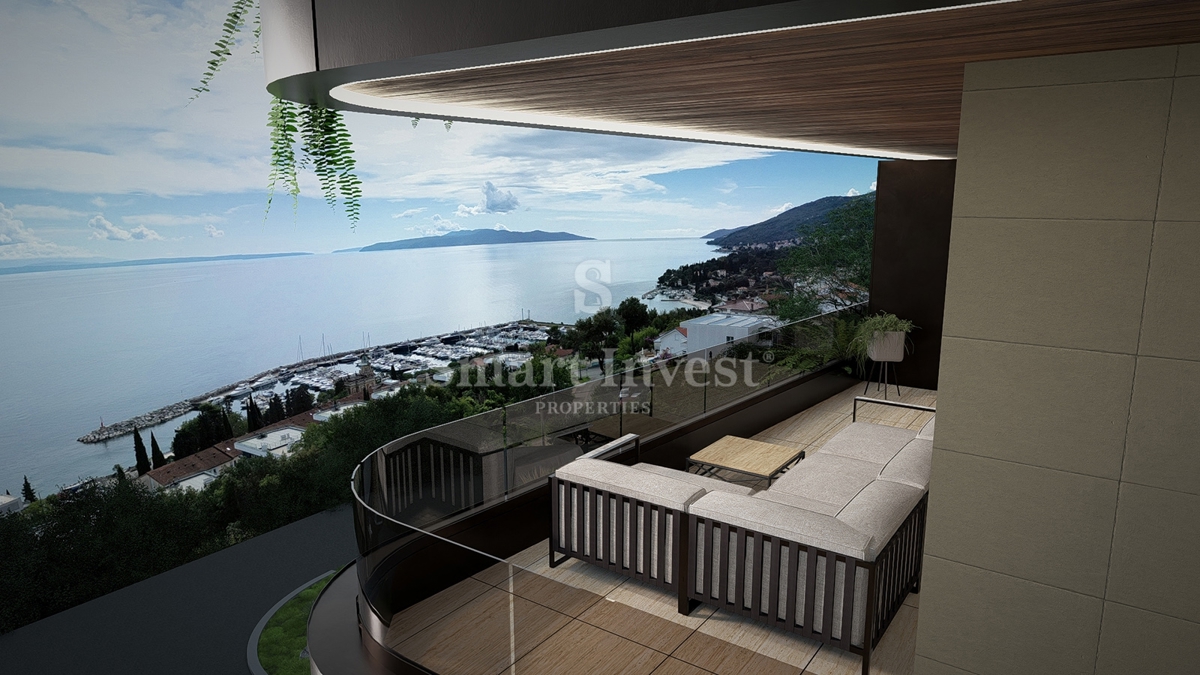 IČIĆI, appartamento trilocale con giardino e vista mare in un nuovo edificio con garage