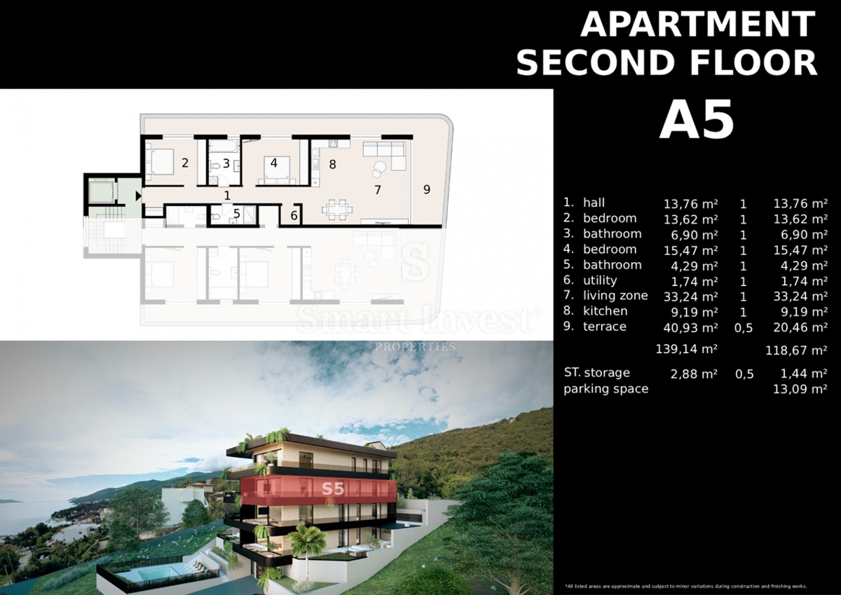 IČIĆI, appartamento trilocale con giardino e vista mare in un nuovo edificio con garage