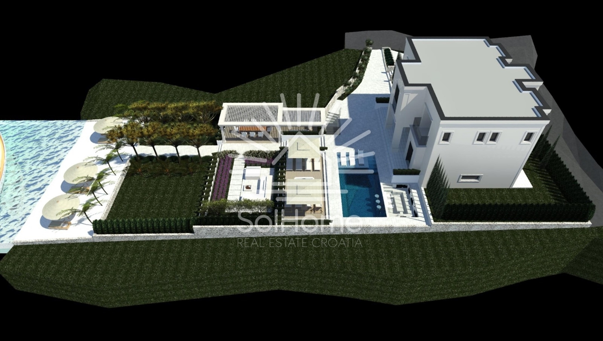 Esclusivo terreno edificabile in prima fila sul mare con progetto di villa di lusso vicino a Zara