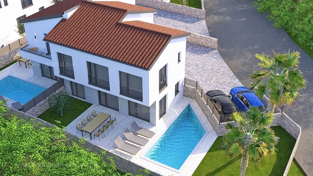 Malinska, casa bifamiliare di nuova costruzione con piscina e vista mare!