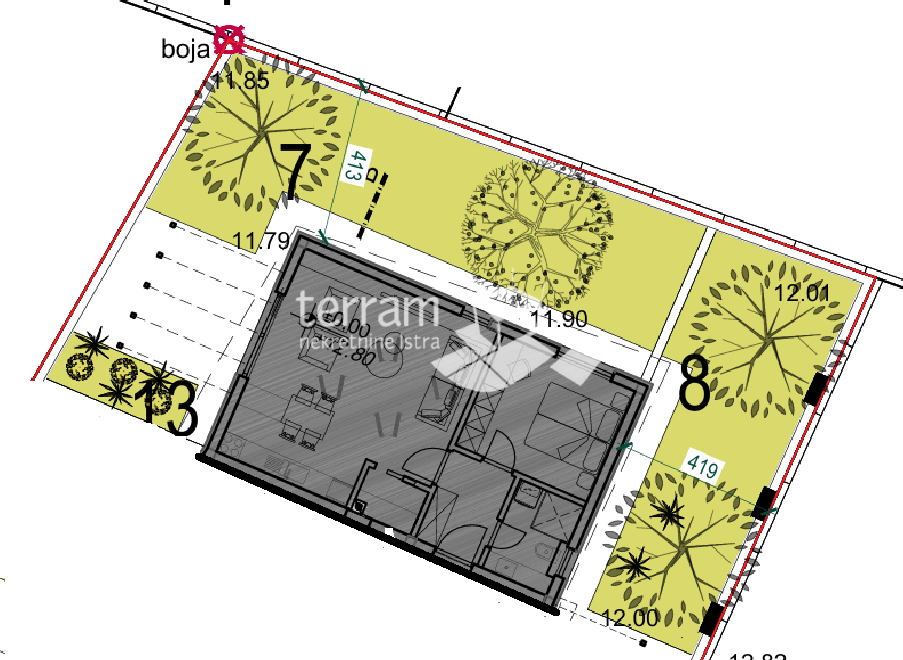 Istria, Pola, Štinjan, appartamento 66,23m2, piano terra, 1 camera da letto + soggiorno con angolo cottura, giardino 100m2, NUOVO, #vendita