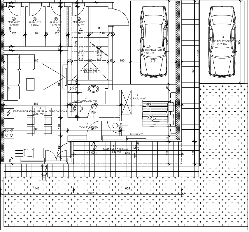 Istria, Pola, Busoler, appartamento 56,35 m2, 1° piano seminterrato + soggiorno con angolo cottura, giardino 62 m2, #vendita