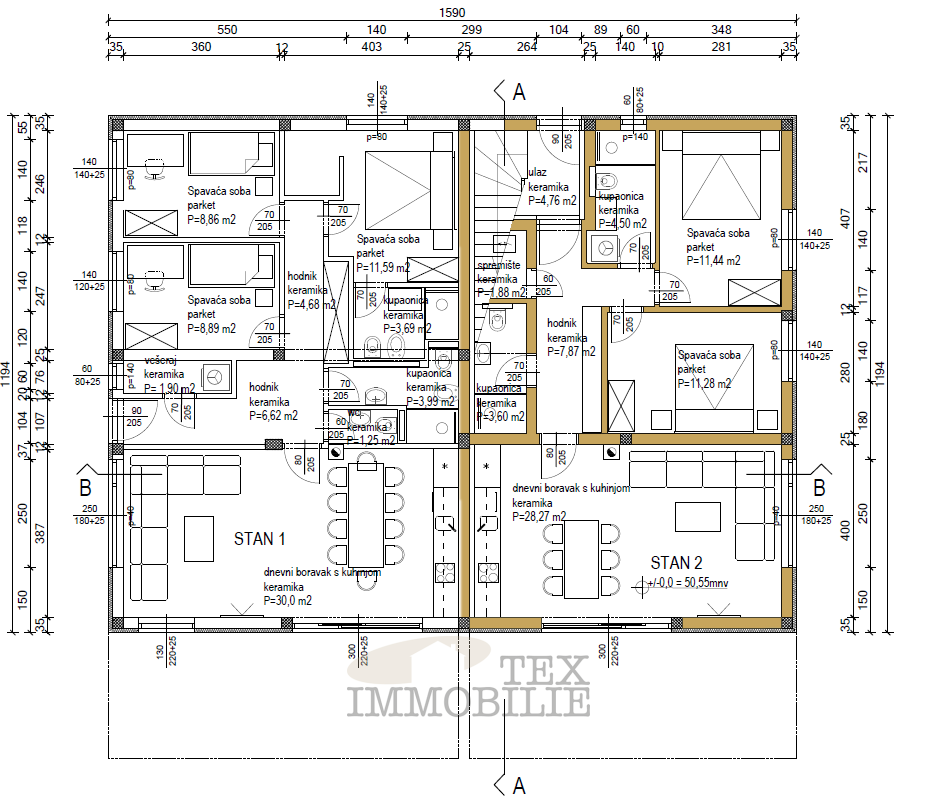 Appartamento con 2 camere da letto e giardino privato di 95 m²