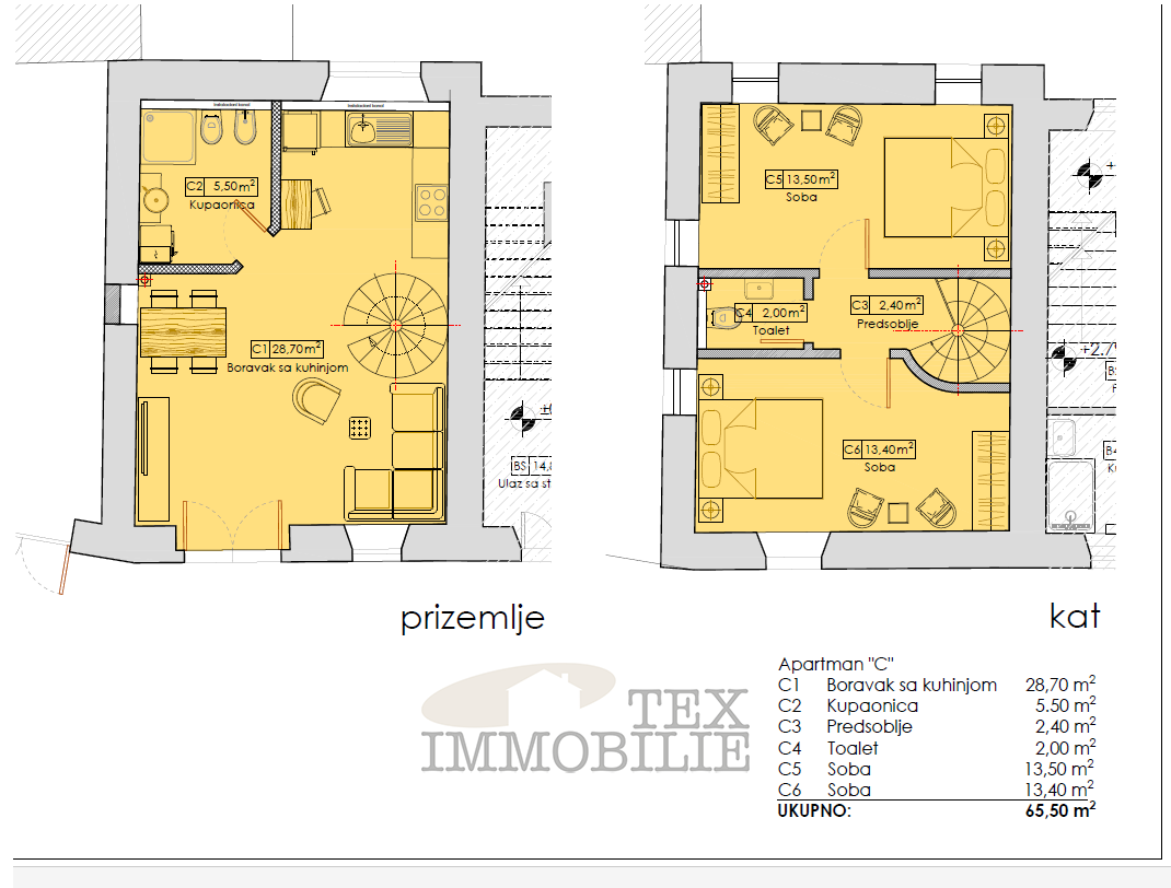 Casa a schiera in pietra con due camere da letto, 65.50m2