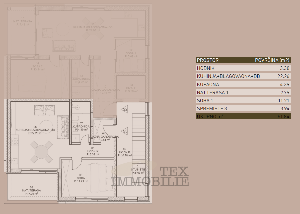 Moderno appartamento al primo piano con una camera da letto e terrazza coperta