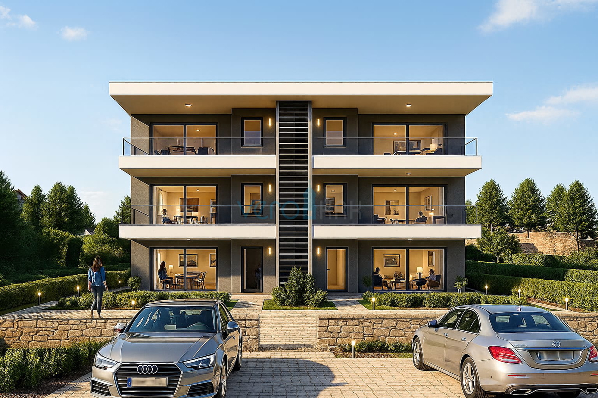 Omišalj, isola di Krk, nuova costruzione, appartamento bilocale al piano terra, giardino, seconda fila dal mare, vendita