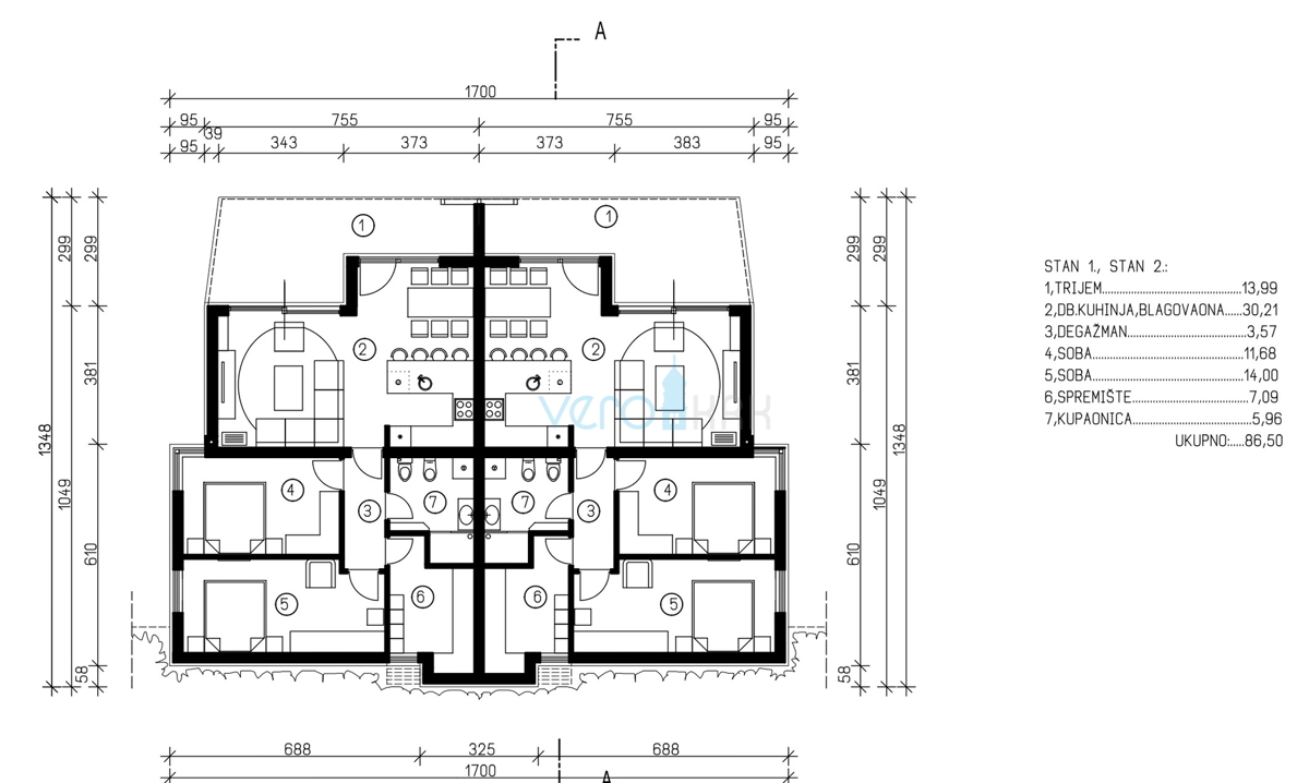 Omišalj, isola di Krk, nuova costruzione, appartamento bilocale al piano terra, giardino, seconda fila dal mare, vendita