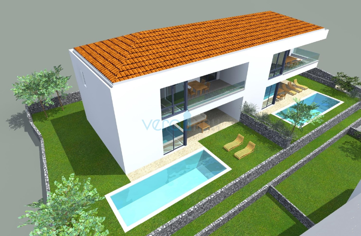 Isola di Krk, Malinska, nuova costruzione, casa moderna con piscina, giardino, vista, vendita