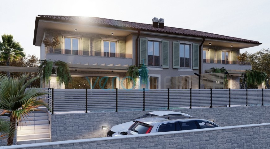 Malinska, isola di Krk, nuova costruzione, casa bifamiliare, piscina, giardino, vista