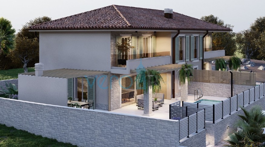 Malinska, isola di Krk, nuova costruzione, casa bifamiliare, piscina, giardino, vista
