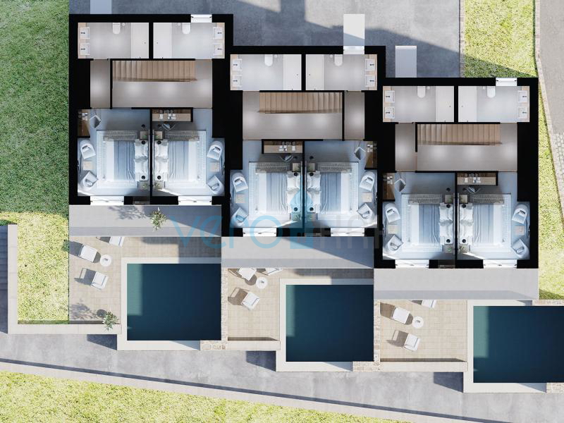 Isola di Krk, Città di Krk, immediata periferia, complesso di tre ville a schiera con piscine in ottima posizione, vista mare, in vendita