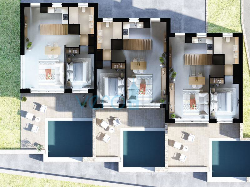 Isola di Krk, Città di Krk, immediata periferia, complesso di tre ville a schiera con piscine in ottima posizione, vista mare, in vendita