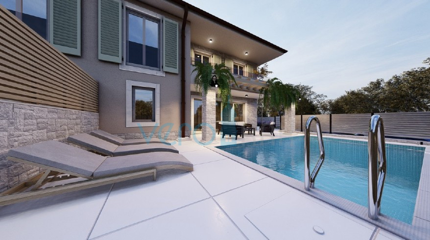 Malinska, isola di Krk, nuova costruzione, casa bifamiliare, piscina, giardino, vista