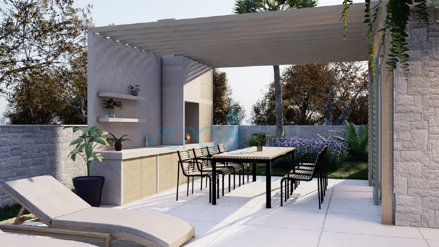 Malinska, isola di Krk, nuova costruzione, casa bifamiliare, piscina, giardino, vista