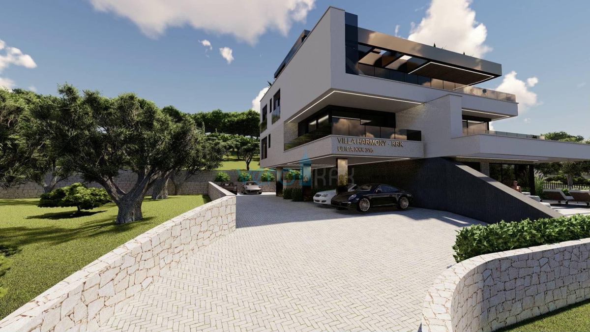 Grad Krk, isola di Krk, piano terra, appartamento moderno in nuova villa 83 m2, piscina, giardino, vendita