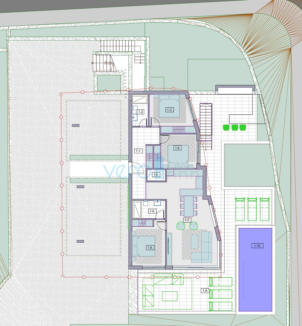 Grad Krk, isola di Krk, piano terra, appartamento moderno in nuova villa 83 m2, piscina, giardino, vendita