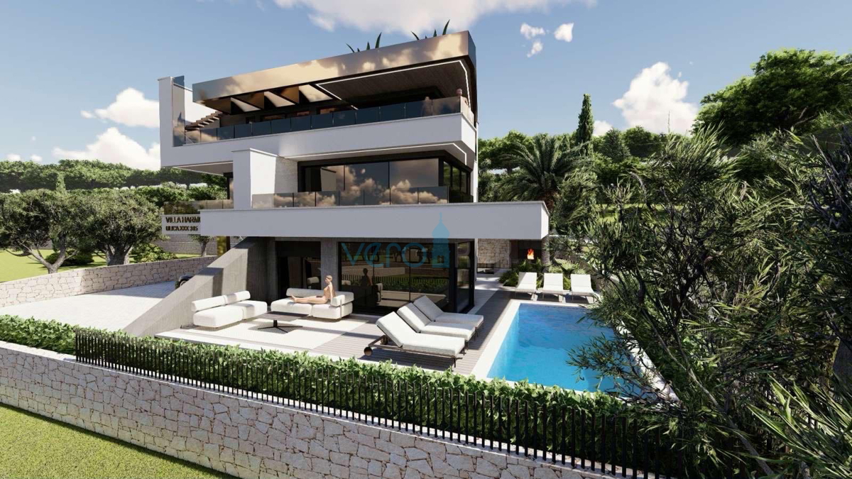 Grad Krk, isola di Krk, piano terra, appartamento moderno in nuova villa 83 m2, piscina, giardino, vendita