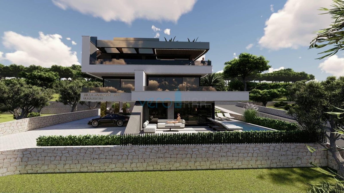 Grad Krk, isola di Krk, piano terra, appartamento moderno in nuova villa 83 m2, piscina, giardino, vendita