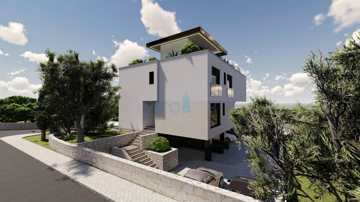 Grad Krk, isola di Krk, piano terra, appartamento moderno in nuova villa 83 m2, piscina, giardino, vendita
