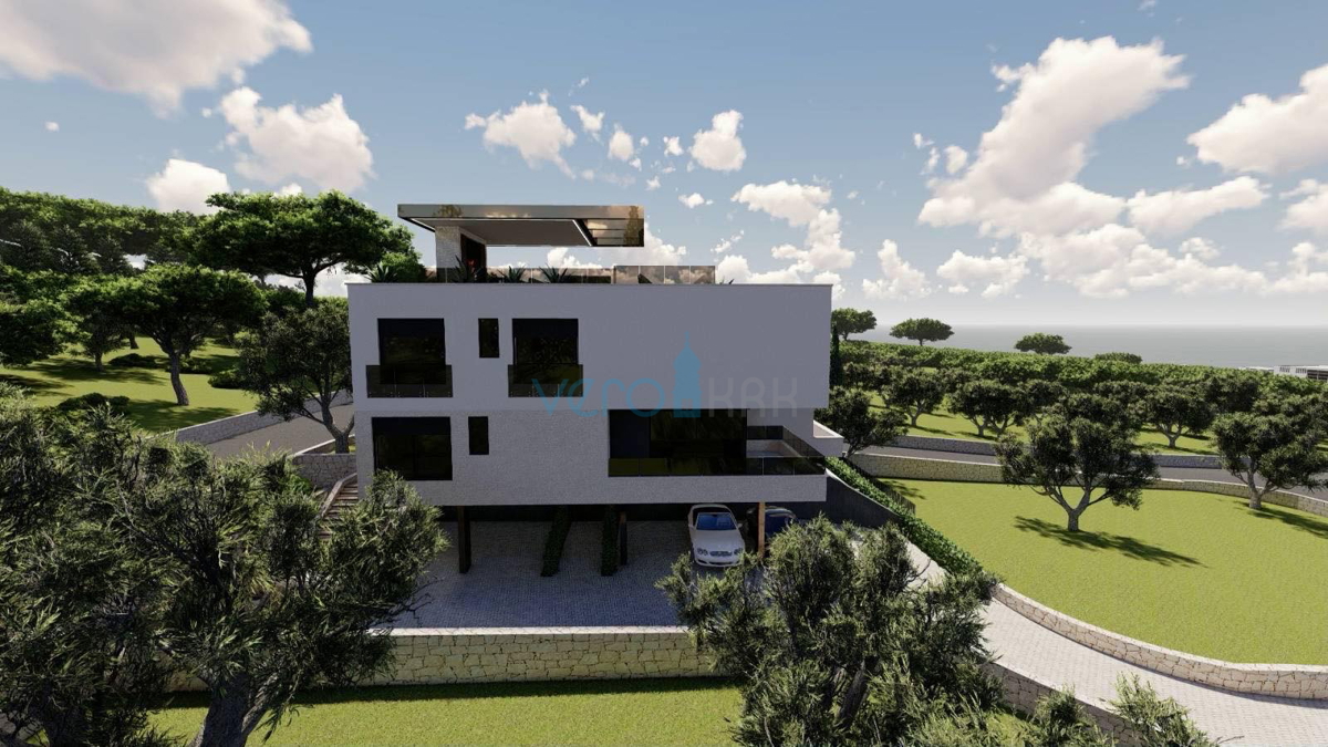 Grad Krk, isola di Krk, piano terra, appartamento moderno in nuova villa 83 m2, piscina, giardino, vendita