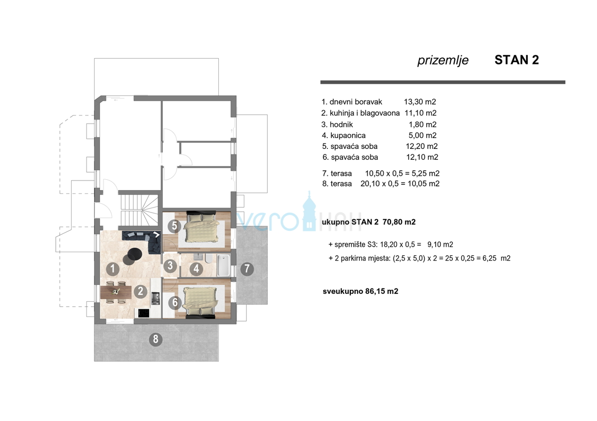 Isola di Krk, Omišalj, appartamento con 2 camere da letto al piano terra con terrazze e 2 posti auto, nuova costruzione, vendita