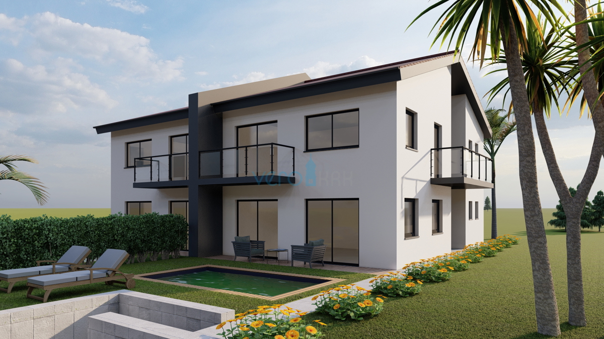 Isola di Krk, baia di Soline, nuova costruzione, casa bifamiliare 130 m2 con piscina, vista, vendita