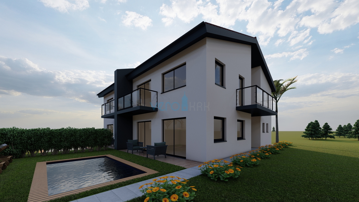 Isola di Krk, baia di Soline, nuova costruzione, casa bifamiliare 130 m2 con piscina, vista, vendita