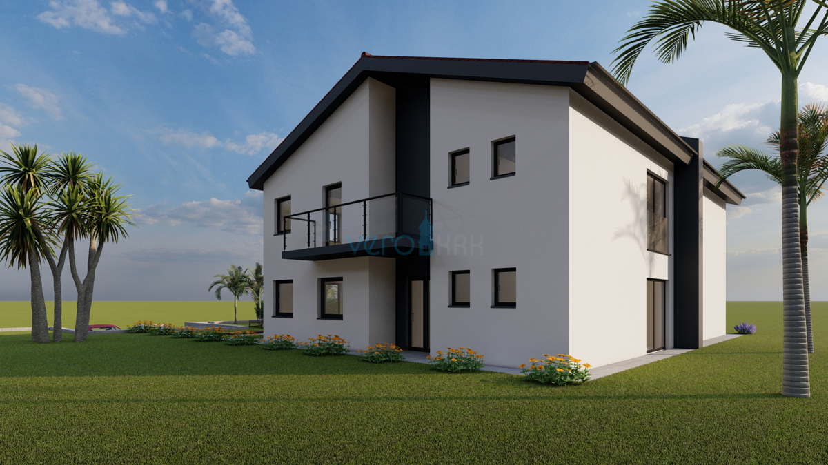 Isola di Krk, baia di Soline, nuova costruzione, casa bifamiliare 130 m2 con piscina, vista, vendita