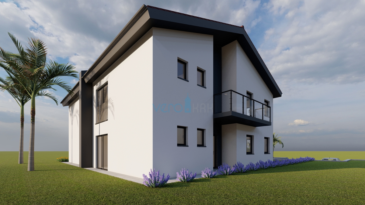 Isola di Krk, baia di Soline, nuova costruzione, casa bifamiliare 130 m2 con piscina, vista, vendita